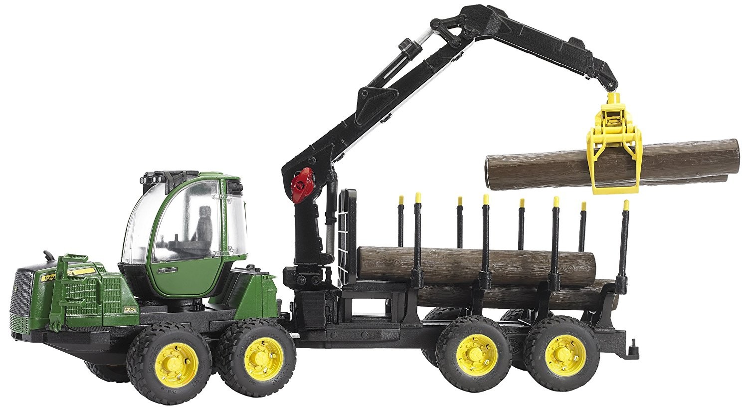 bruder 02133 - John Deere 1210E Tracteur de débardage avec 4 troncs d'arbres & grappin à bois - 1:16 Véhicule, Ferme, Forêt, Travail forestier, Tracteur, Transport de bois, Jouet