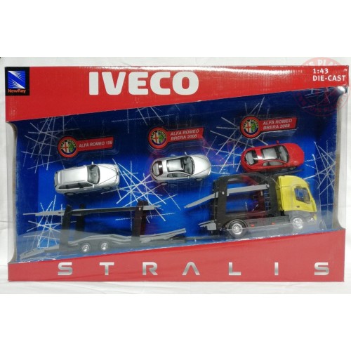 IVECO STRALIS BISARCA TRASPORTO AUTO + 3 AUTO ALFA ROMEO 1:43 NEWRAY 15645B NEW RAY