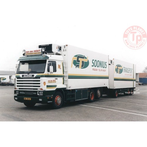 Scania Streamline 143-450 motorwagen met 3-assige schamelaanhanger Transport Hout van der TEKNO 81344 TEKNO