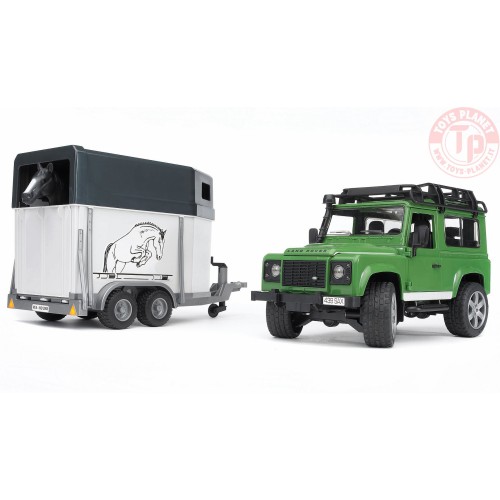 LAND ROVER DEFENDER STATION WAGON CON RIMORCHIO TRASPORTO CAVALLI BRUDER 02592 BRUDER