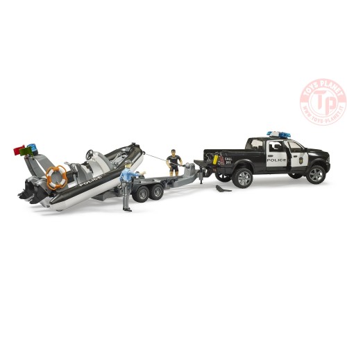RAM 2500 Pick-up polizia con modulo L + S, rimorchio, barca, poliziotta e sommozzatore BRUDER 02507 BRUDER