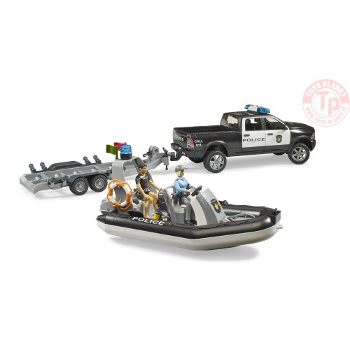 RAM 2500 Pick-up polizia con modulo L + S, rimorchio, barca, poliziotta e sommozzatore BRUDER 02507 BRUDER