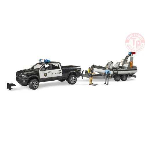 RAM 2500 Pick-up polizia con modulo L + S, rimorchio, barca, poliziotta e sommozzatore BRUDER 02507 BRUDER