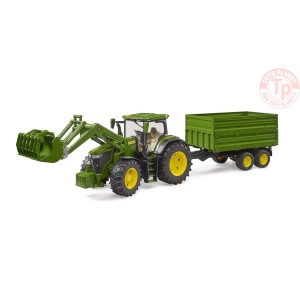 John Deere 7R con caricatrice frontale e rimorchio per trasporto assi tandem BRUDER 03155 BRUDER