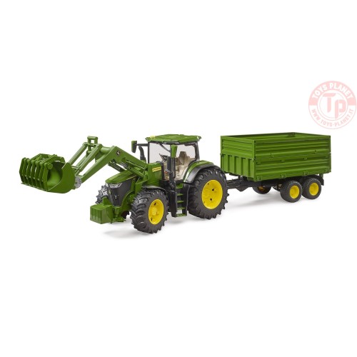 John Deere 7R con caricatrice frontale e rimorchio per trasporto assi tandem BRUDER 03155 BRUDER