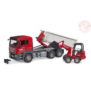 Camion MAN TGS con container scarrabile e pala caricatrice Schäffer BRUDER 03767 BRUDER