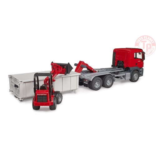 Camion MAN TGS con container scarrabile e pala caricatrice Schäffer BRUDER 03767 BRUDER