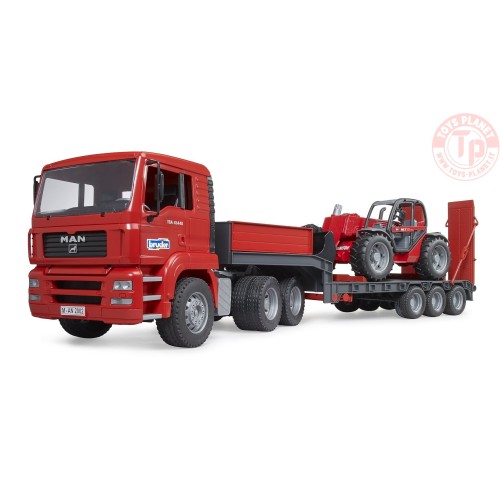 Camion MAN TGA con rimorchio a pianale ribassato e caricatore telescopico Manitou BRUDER 02774 BRUDER