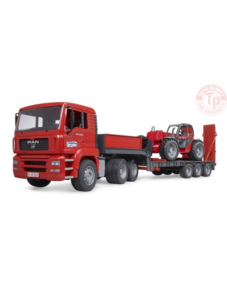 Camion MAN TGA con rimorchio a pianale ribassato e caricatore telescopico Manitou BRUDER 02774 BRUDER