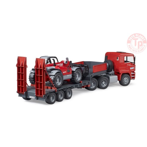 Camion MAN TGA con rimorchio a pianale ribassato e caricatore telescopico Manitou BRUDER 02774 BRUDER