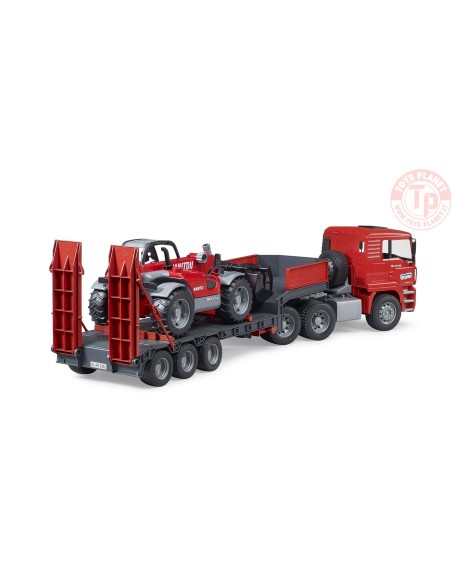 Camion MAN TGA con rimorchio a pianale ribassato e caricatore telescopico Manitou BRUDER 02774 BRUDER