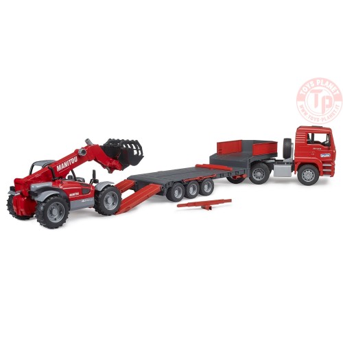Camion MAN TGA con rimorchio a pianale ribassato e caricatore telescopico Manitou BRUDER 02774 BRUDER