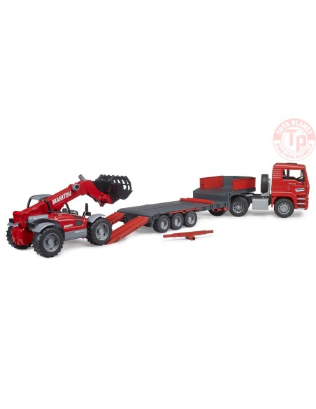 Camion MAN TGA con rimorchio a pianale ribassato e caricatore telescopico Manitou BRUDER 02774 BRUDER