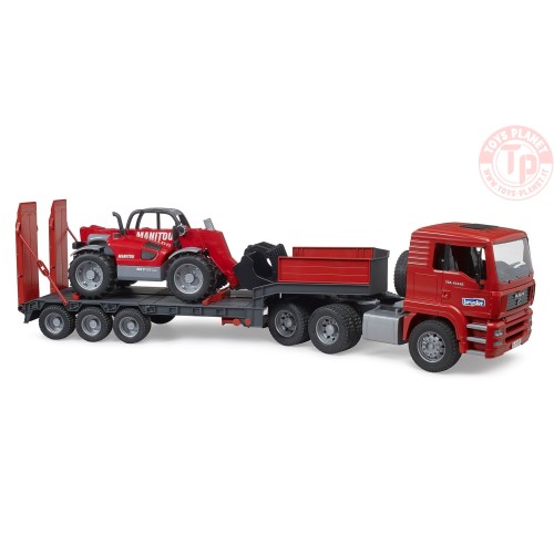 Camion MAN TGA con rimorchio a pianale ribassato e caricatore telescopico Manitou BRUDER 02774 BRUDER