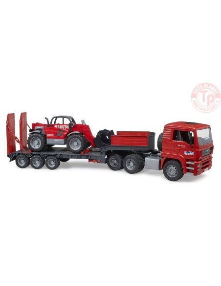 Camion MAN TGA con rimorchio a pianale ribassato e caricatore telescopico Manitou BRUDER 02774 BRUDER