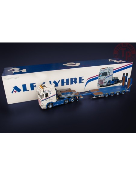 SCANIA S HIGH ROOF 6X4 WITH NOOTEBOOM MCOS SEMI LOW LOADER 4 AXLE WITH RAMPS ALF MYHRE TRANSPORT IMC MODELS 32-0172 IMC MODELS