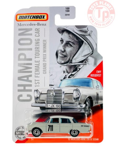 '62 MERCEDES-BENZ 220 SE SEDAN-MATCHBOX CHAMPION 1ST FEMALE TOURING CAR-GRAND PRIX WINNER-EWY ROSQVIST 1/64 MATCHBOX GPN59 MA...