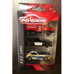 COFANETTO DA 3 PEZZI-S.O.S CARS 1/64 MAJORETTE POLIZIA CON POMPIERI MAJORETTE