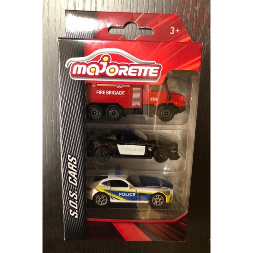 COFANETTO DA 3 PEZZI-S.O.S CARS 1/64 MAJORETTE POLIZIA CON POMPIERI MAJORETTE