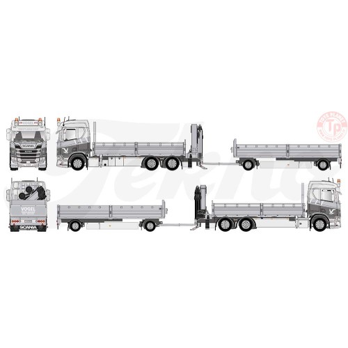 Scania Next Gen R650-V8 motorwagen aanhanger met openbak en kraan Vogel Kran Transporte TEKNO 83196 TEKNO