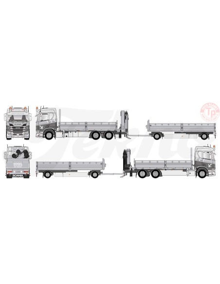 Scania Next Gen R650-V8 motorwagen aanhanger met openbak en kraan Vogel Kran Transporte TEKNO 83196 TEKNO