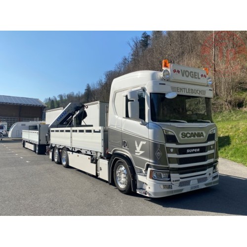 Scania Next Gen R650-V8 motorwagen aanhanger met openbak en kraan Vogel Kran Transporte TEKNO 83196 TEKNO