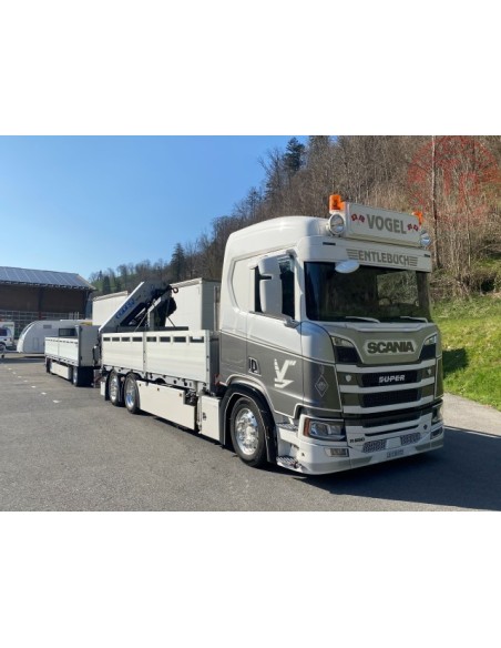 Scania Next Gen R650-V8 motorwagen aanhanger met openbak en kraan Vogel Kran Transporte TEKNO 83196 TEKNO