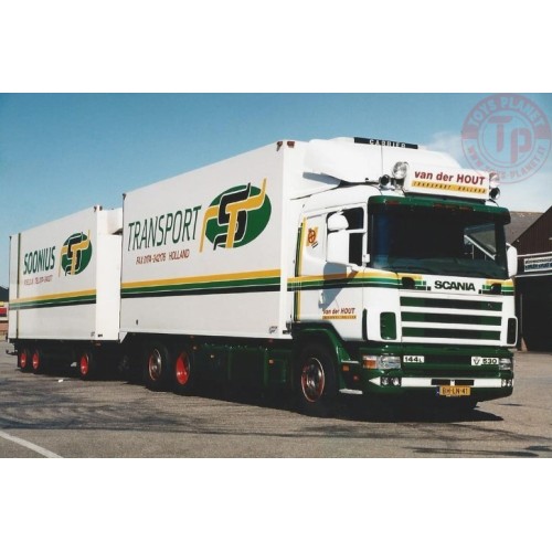Scania 144-530 motorwagen met 3-assige schamelaanhanger van der Transport Hout TEKNO 83083 TEKNO