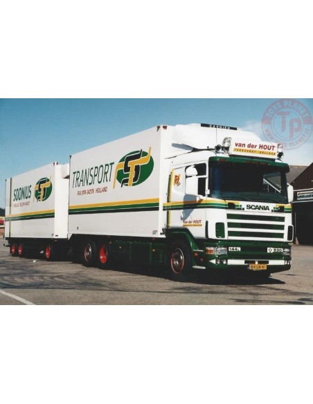 Scania 144-530 motorwagen met 3-assige schamelaanhanger van der Transport Hout TEKNO 83083 TEKNO