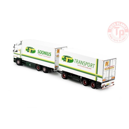 Scania 144-530 motorwagen met 3-assige schamelaanhanger van der Transport Hout TEKNO 83083 TEKNO