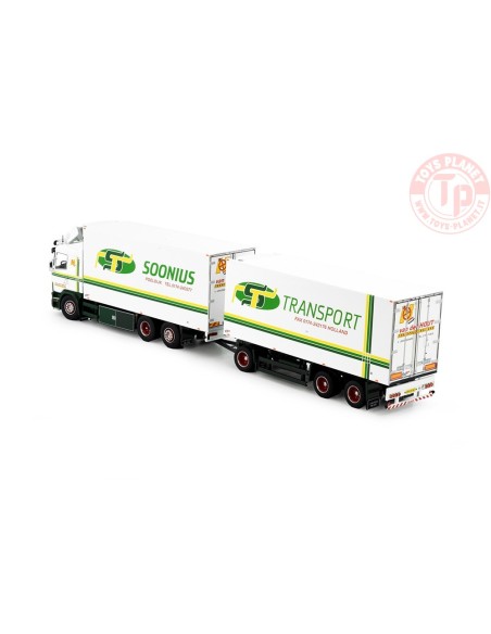 Scania 144-530 motorwagen met 3-assige schamelaanhanger van der Transport Hout TEKNO 83083 TEKNO