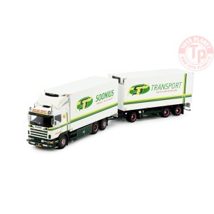 Scania 144-530 motorwagen met 3-assige schamelaanhanger van der Transport Hout TEKNO 83083 TEKNO