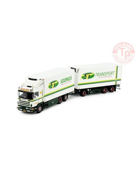 Scania 144-530 motorwagen met 3-assige schamelaanhanger van der Transport Hout TEKNO 83083 TEKNO