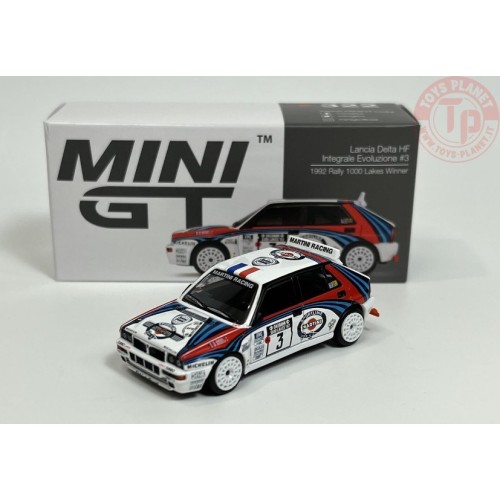 LANCIA DELTA HF INTEGRALE EVOLUZIONE N3-1992 RALLY 1000 LAKES WINNER-WHITE/BLUE/RED LEFT HAND DRIVE 1/64 MGT00322-L MINI GT