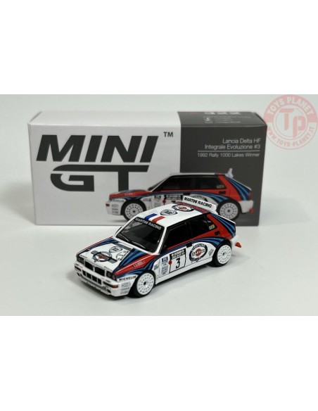 LANCIA DELTA HF INTEGRALE EVOLUZIONE N3-1992 RALLY 1000 LAKES WINNER-WHITE/BLUE/RED LEFT HAND DRIVE 1/64 MGT00322-L MINI GT
