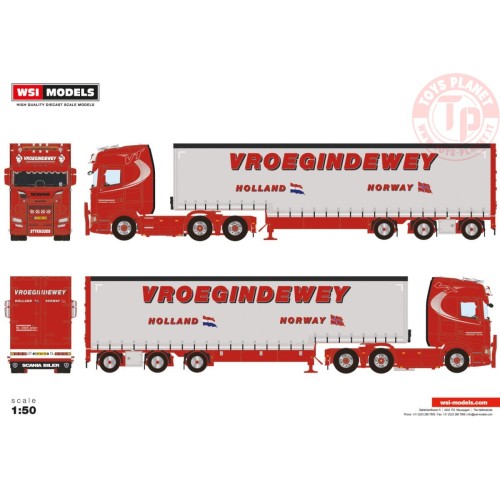 SCANIA S HIGHLINE CS20H 6X2 TAG AXLE BOX TRAILER SEMI - 3 AXLE VROEGINDEWEY WSI 01-3956 WSI MODELS