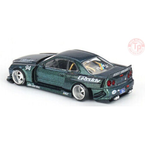 NISSAN SKYLINE GT-R (R34) KAIDO WORKS GREDDY V1-GREEN METALLIC 1/64 KHMG074 Mini Gt