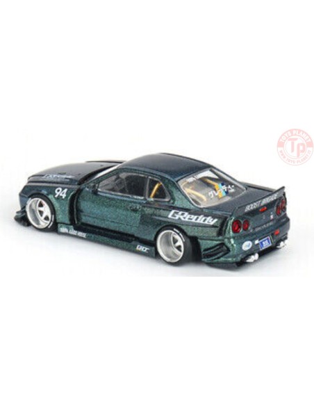 NISSAN SKYLINE GT-R (R34) KAIDO WORKS GREDDY V1-GREEN METALLIC 1/64 KHMG074 Mini Gt