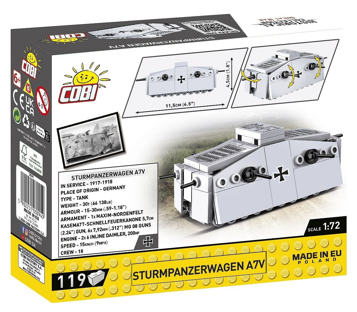 COBI 3094 Set Costruzione Carro Armato A7V Stormwagen – Prima Guerra Mondiale, Scala 1:72, 119 Pezzi