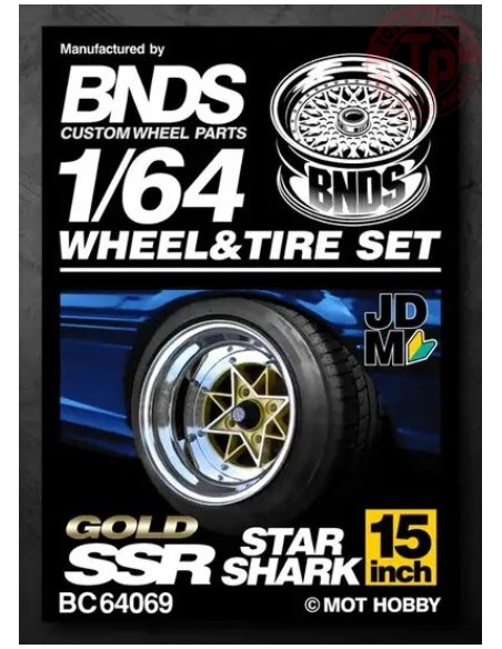 SET RUOTE STAR SHARK CON CERCHIO ORO CHROME 1/64 BC64069 CERCHI E GOMME 1:64