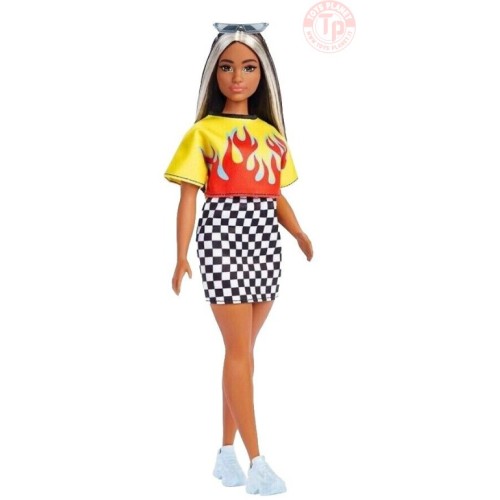 BARBIE FASHIONISTA-MAGLIA CON FIAMME E GONNA A QUADRI-3+ BARBIE HBV13 BAMBOLE