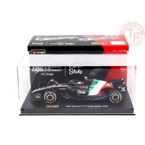 ALFA ROMEO F1 C43 TEAM STAKE N 24 MONZA ITALY GP 2023 GUANYU ZHOU WITH PILOT AND SHOWCASE 1/43 BU38086-24-VET BURAGO