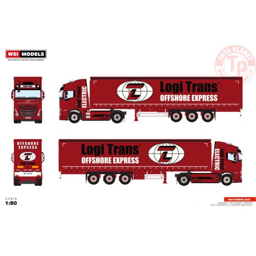 VOLVO FH5 GLOBETROTTER ELECTRIC 4X2 CURTAINSIDE TRAILER - 3 AXLE LOGI TRANS WSI 01-4577 WSI MODELS