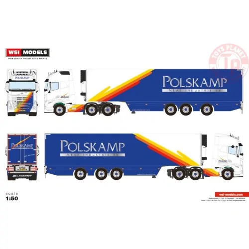 VOLVO FH5 GLOBETROTTER XL 6X2 TWIN STEER REEFER TRAILER - 3 AXLE POLSKAMP MEAT INDUSTRIES WSI 01-4228 WSI MODELS