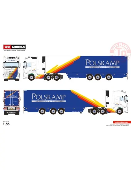 VOLVO FH5 GLOBETROTTER XL 6X2 TWIN STEER REEFER TRAILER - 3 AXLE POLSKAMP MEAT INDUSTRIES WSI 01-4228 WSI MODELS
