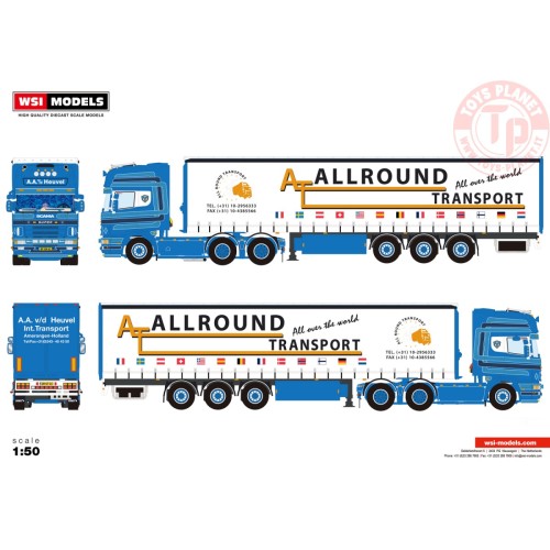 SCANIA 4 SERIES TOPLINE 6X2 TAG AXLE CURTAINSIDE TRAILER - 3 AXLE A.A. vd Heuvel WSI 01-4625 WSI MODELS