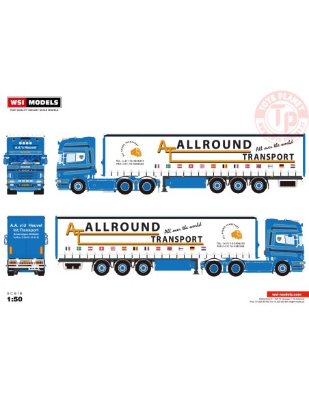 SCANIA 4 SERIES TOPLINE 6X2 TAG AXLE CURTAINSIDE TRAILER - 3 AXLE A.A. vd Heuvel WSI 01-4625 WSI MODELS SCANIA 4 SERIES TOPLINE 6X2 TAG AXLE CURTAINSIDE TRAILER - 3 AXLE A.A. vd Heuvel WSI 01-4625 WSI MODELS