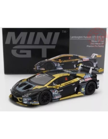 LAMBORGHINI HURACAN GT3 EVO N.4-MACAU GT CUP 2022 MACAU GP-PHANTOM PRO RACING-BLACK/YELLOW 1/64 MGT00645-L MINI GT