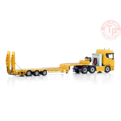 SCANIA R NORMAL CR20N 6X2 TWIN STEER SEMI LOW LOADER WITH RAMPS - 3 AXLE WSI 04-2208 WSI MODELS