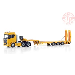 SCANIA R NORMAL CR20N 6X2 TWIN STEER SEMI LOW LOADER WITH RAMPS - 3 AXLE WSI 04-2208 WSI MODELS